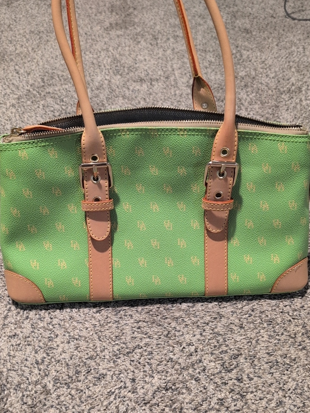 Dooney And Bourke Green Monogram Satchel Handbag with Tan Trim - Picture 2 of 10